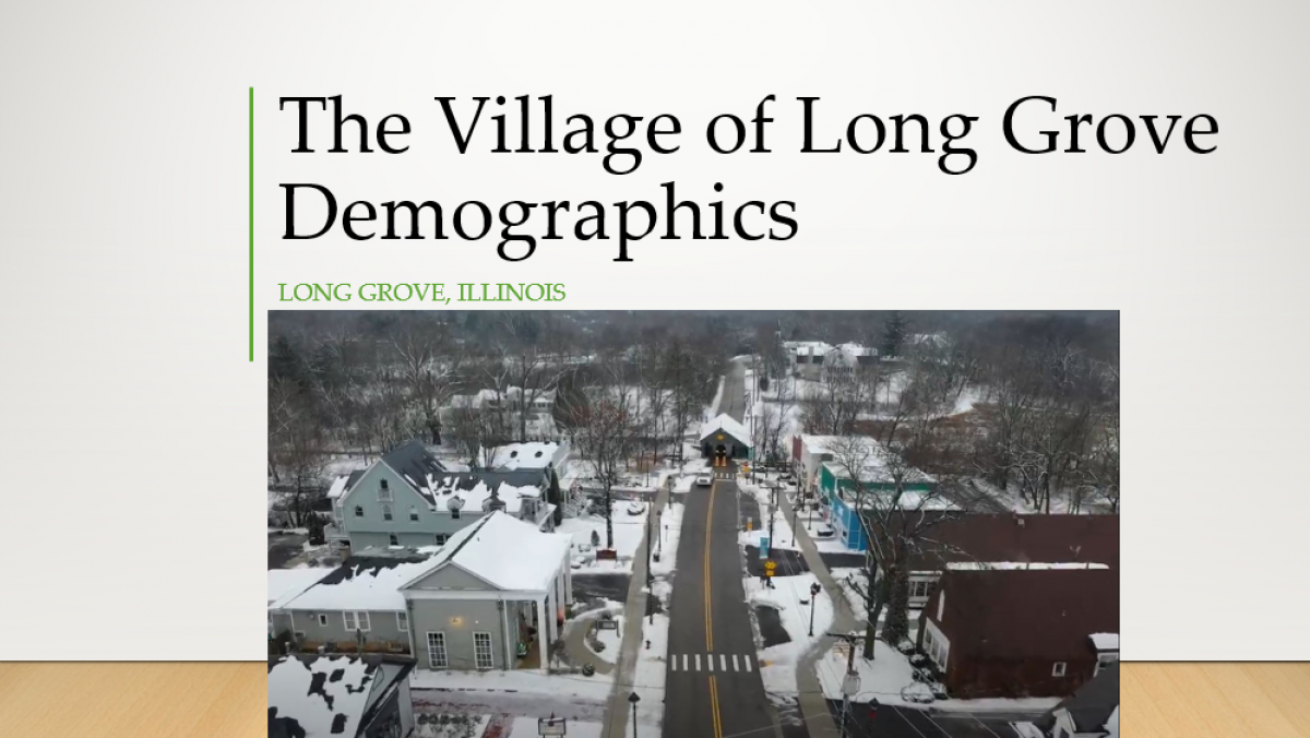Aerial Footage of downtown Long grove, over the historic RPC Bridge with title: The Village of Long Grove Demographics